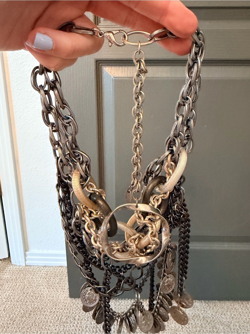 Vintage Handmade Mixed-Metal Chain and Coin Necklace in Black, Silver, Gold